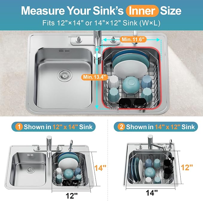 GSlife Small in Sink Dish Drying Rack - Stainless Steel Compact Dish Drainer for RV Kitchen Apartment Sink, Rust Resistant Inside Sink Rack, 1–2 Person Households, 11.6" W x 13.4" L, Gunmetal Grey