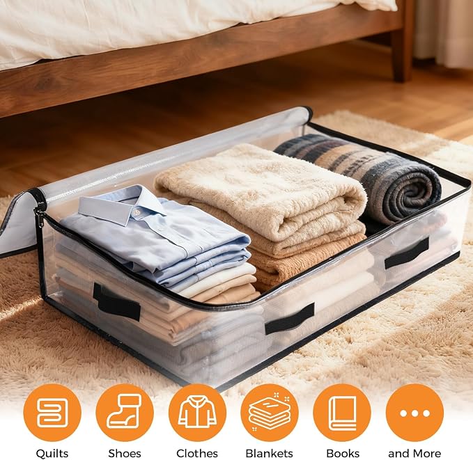 6 Pack Under Bed Storage Bags, 75L Foldable Clear Storage Containers with Handles, Dual Zippers for Comforter, Clothes, Bedding, Linen Sheets, Sweaters, Blanket Storage