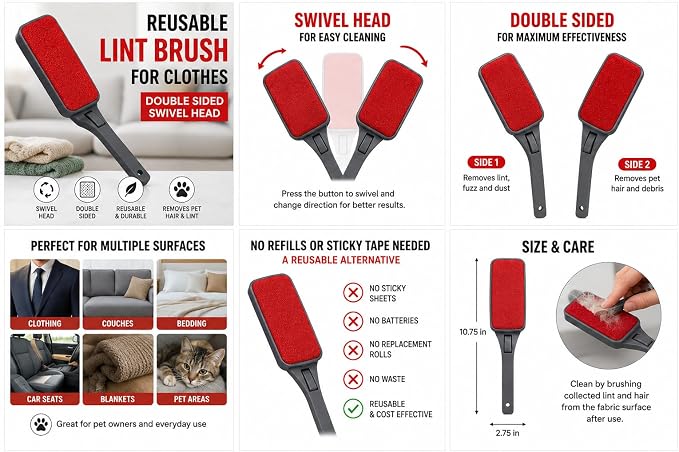 Reusable Lint Brush for Clothes, Double Sided Pet Hair Remover Brush with Swivel Head, Fabric Lint Remover for Couch, Furniture, Bedding and Upholstery