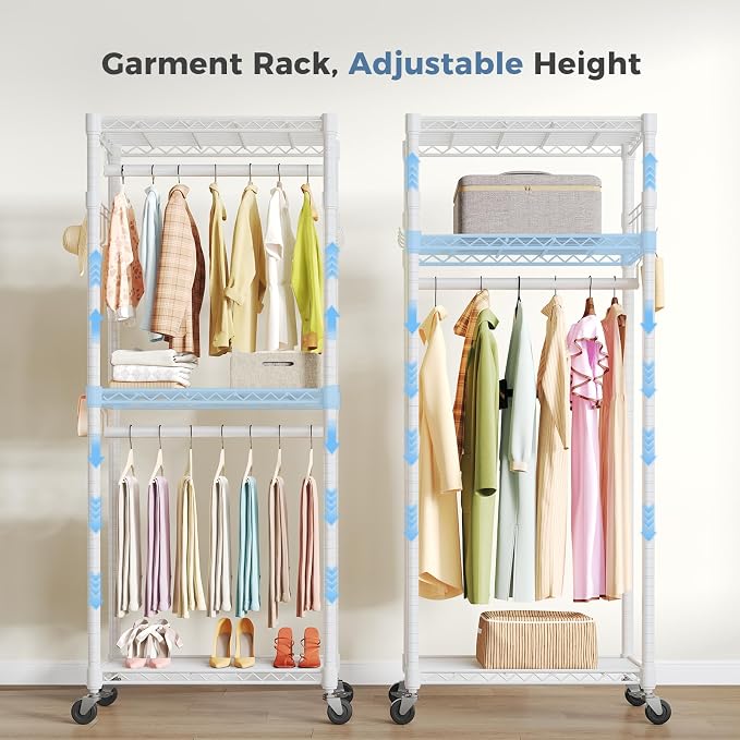 OLIXIS Clothes Rack Heavy Duty Adjustable Garment Clothing Rack with Wheels, Rolling Metal Freestanding Closet Organizer for Hanging Clothes with 2 Side Hooks, Double Rods, 23.6"x15.7"x74.4", White