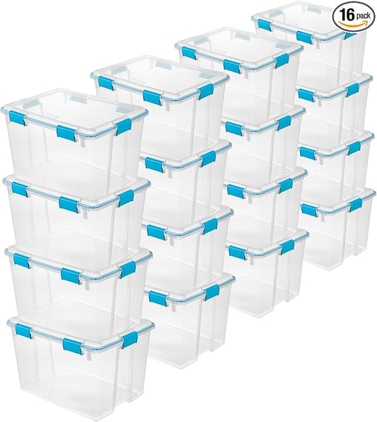 Sterilite Gasket Storage Box with Lids for Home & Office, 80 Quart, 16-Pack | Heavy-Duty, Stackable, and Organizing Containers for Bathroom, Cabinet, Closet, and Garage, Clear and Blue Aquarium Latches