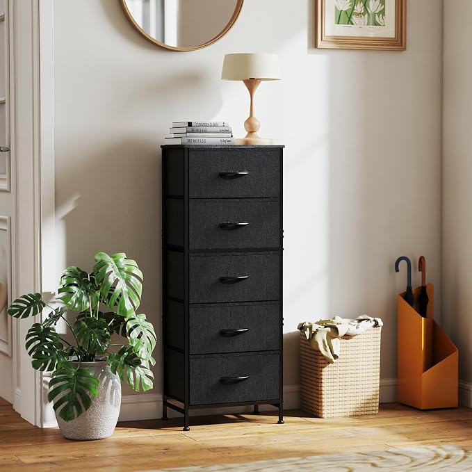 Sweetcrispy Black Storage Drawer Bedroom Dresser, Tall Dresser for Closet | Chest of 5 Drawers for Home Storage with Fabric Bins, Narrow Nightstand, Durable Clothes Oragnizer