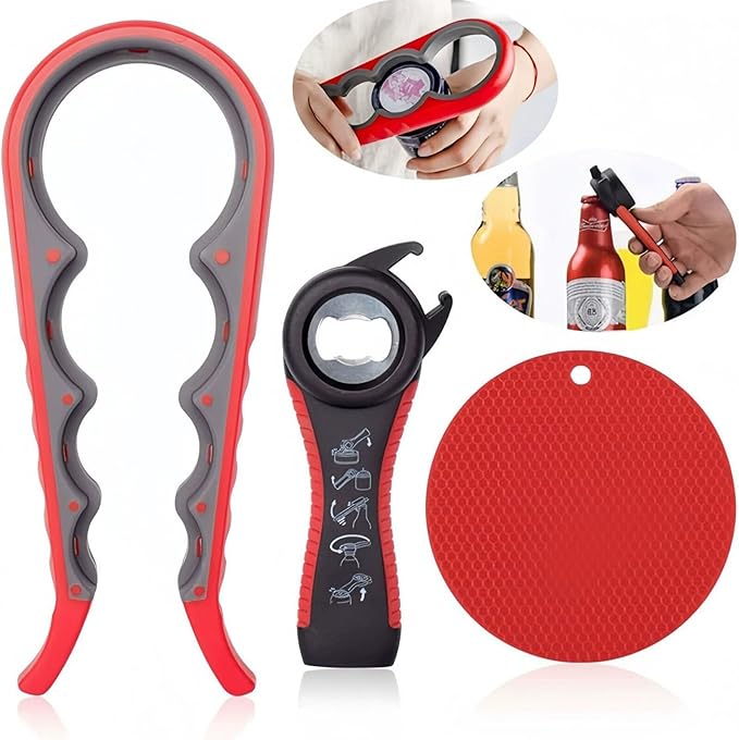 3-Piece Jar & Bottle Opener Set for Seniors, Non-Slip Silicone Grip Mat, Ergonomic Kitchen Gadget (red and white)
