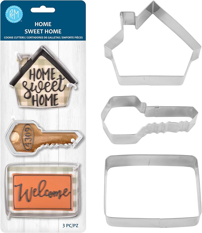 R&M New Home, New Neighbor Home Sweet Home Cookie Cutter 3 Piece Set. Includes House, Key, Welcome Mat Cookie Cutter.
