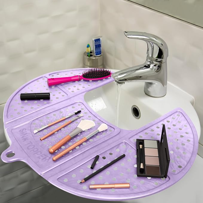 Sink Topper Bathroom Sink Cover for Counter Space, Standard Lavender | Holds up to 7 lb on a steel frame; fits over basins to 19 in; 480°F silicone, hot tools; foldable makeup mat; RV, camper