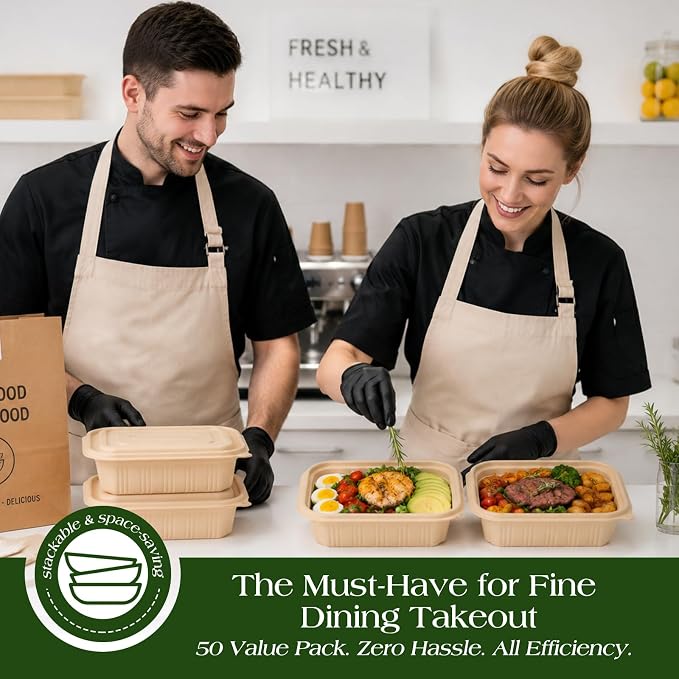 50 Pack (100 Piece) Food Containers with Lids, 22oz Meal Prep Containers Reusable Plant-based Cornstarch Lunch Box BPA Free Small Disposable Take Out Togo Boxes for Salad Microwave & Freezer Safe