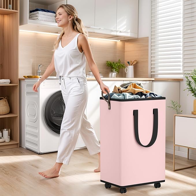 SpaceTrove Rolling Laundry Basket with Wheels, Laundry Hamper, 100L, Pink | Collapsible, 4 detachable wheels including 2 with brakes, sturdy handle, metal frame, for dorms, bathrooms and bedrooms