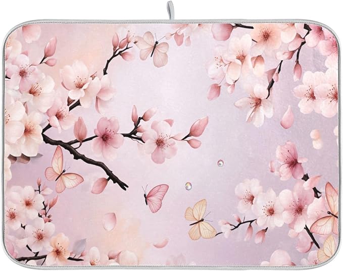 Cherry Blossoms Flowers Dish Drying Mat 18x24 for Kitchen Sakura Branch Pink White Floral Dishes Pad Dish Drainer Rack Mats Absorbent Fast Dry Kitchen Accessories