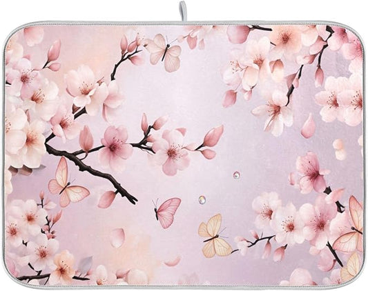 Cherry Blossoms Flowers Dish Drying Mat 18x24 for Kitchen Sakura Branch Pink White Floral Dishes Pad Dish Drainer Rack Mats Absorbent Fast Dry Kitchen Accessories