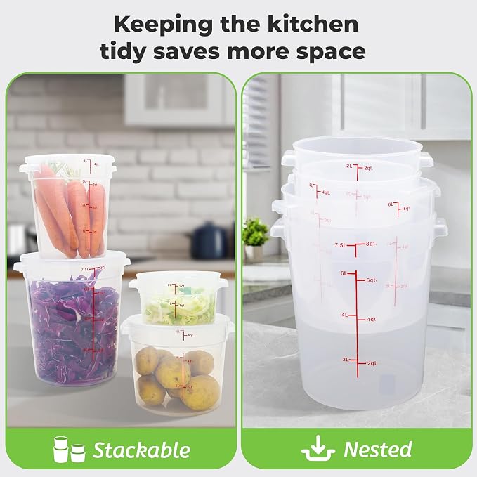 BIEAMA 4 Pack 2 Qt Round Food Storage Containers with Lids, Translucent PP | Include lids, labels, measuring cups and containers with capacity markings for food prep, pantry storage and dough proofing.