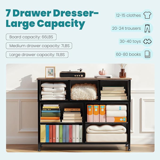 OLIXIS 7 Drawer Closet Organizer, Storage Tower with Sturdy Steel Frame | Dresser for Bedroom, Wooden Top & Easy Pull Fabric Bins, Clothes Organization, Living Room Entryway, Floral