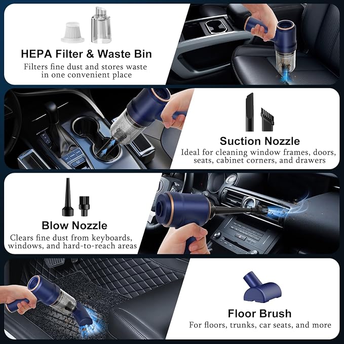KMM Handheld Car Vacuum Cleaner, Hand Held Vacuum Cleaner and Air Duster | 9000PA Strong Suction, Cordless, 120W High Power, Multi-Nozzles & LED Light, for Home, Car, Office, Pet