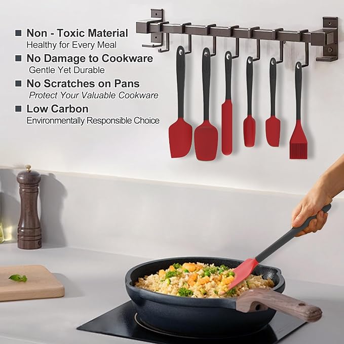 Silicone Spatula Set, 6 Pieces Food Grade Kitchen Utensils with Silicone Brush Heat Resistant Dishwasher Safe BPA-free Rubber Spatula for Scraping, Baking, Cooking, Mixing (Red)