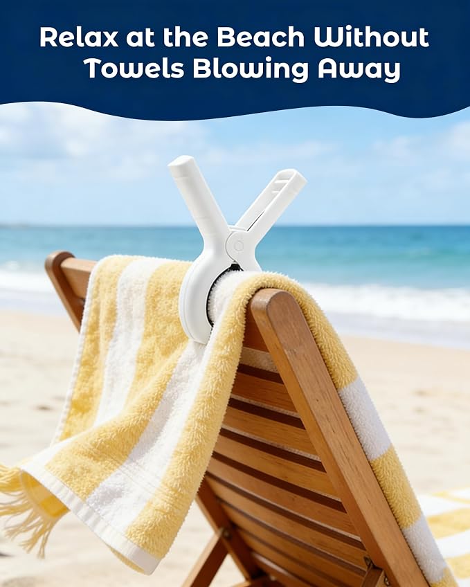 10 Pack Beach Towel Clips Heavy Duty Large Beach Essentials Chair Pool Clip | White Clips with Strong Grip, Silicone Protection, Rust Resistant Spring, Multi-Use for Beach, Boat, Cruise & Outdoors