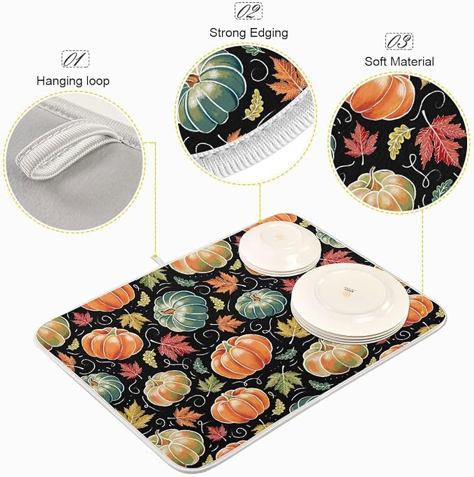Fall Pumpkin Dish Drying Mat for Kitchen Maple Leaves Black Microfiber Drying Mats Absorbent Reversible Dish Pad Medium Dish Draining Mat 16x18 inch