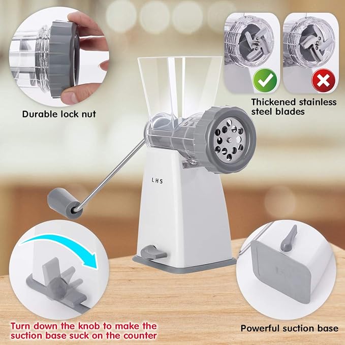 LHS Manual Meat Grinder with Stainless Steel Blades Heavy Duty Powerful Suction Base for Home Use Fast and Effortless for All Meats-Gray