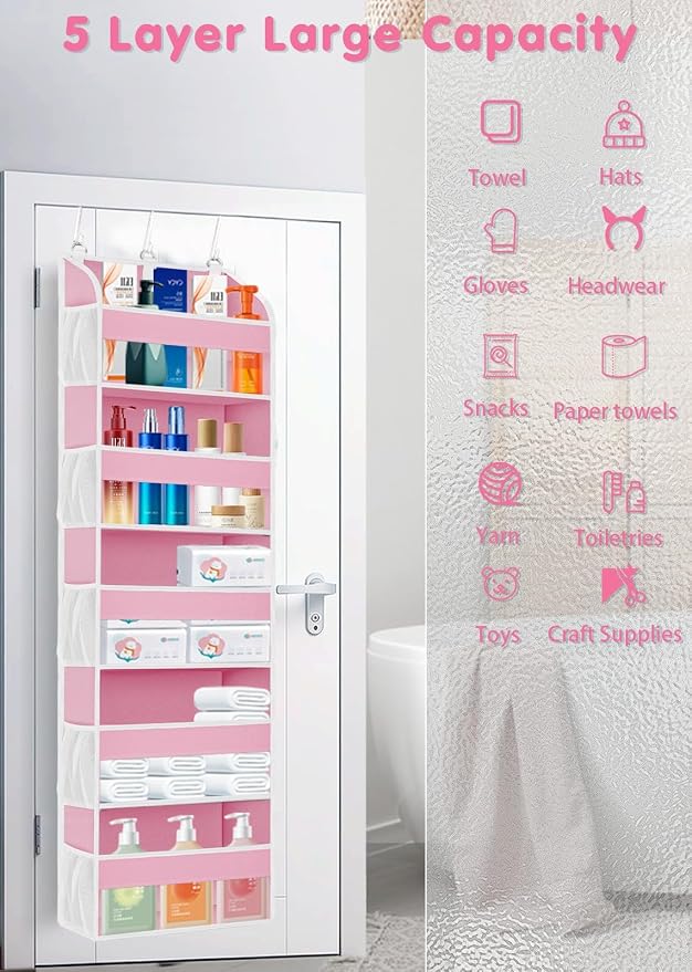 TAHAVICE Over the Door Organizer with Clear PVC Windows & 10 Mesh Pockets | 5-Tier Hanging Storage, Cute Closet Organizer for Makeup, Perfume, Toys, Perfect Pink Room Decor for Girl