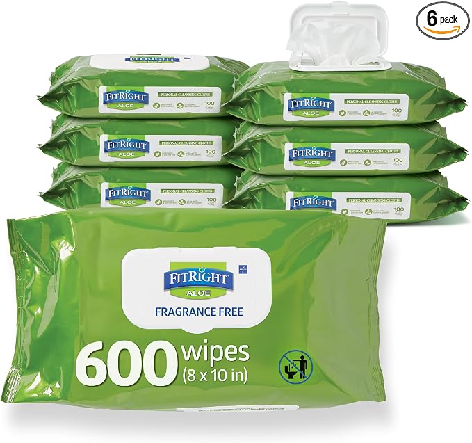 FitRight Personal Cleansing Wipes with Aloe 8x10 Unscented 600 Count | Moisturizing Body Wipes for Adults, Incontinence Cleaning, Cloth Wipes for Elderly Care & Bathing