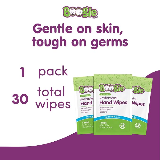 Boogie Antibacterial Hand Wipes - 30 Count - Hypoallergenic & Alcohol-Free - Individually Wrapped - Travel and Diaper Bag Essential