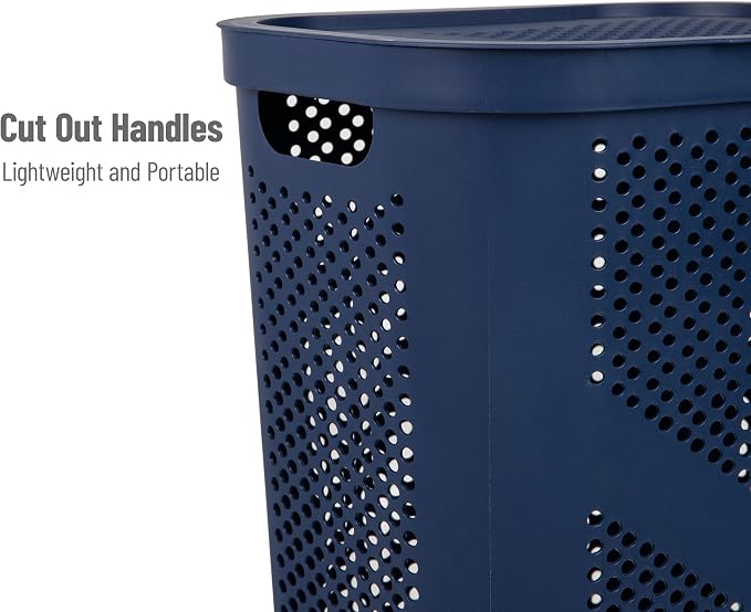 Mind Reader Slim Laundry Hamper with Lid, 60L Clothes Basket, Ventilated Plastic, Navy