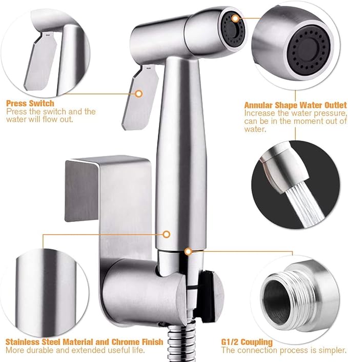 Handheld Bidet Sprayer Kit-Stainless Steel Douche Muslim Shower Spray with Hose Bidet Holder Valve for Toilet Cleaning, Pet Bath, Personal Hygiene (Includes T-Adapter)