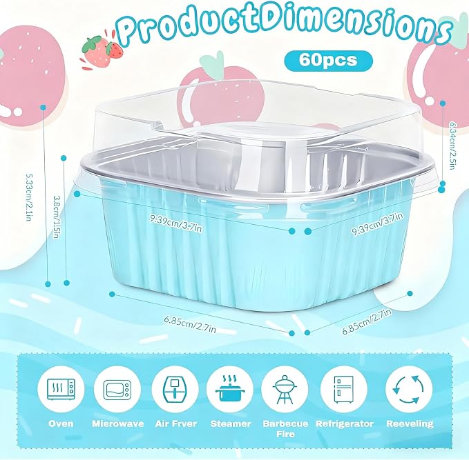 60Pack 5oz Blue Mini Cake Pans with Lids Baking Cups Aluminum Foil Pans Tins, Individual Dessert Cups Containers for Sales,Party,Picnics