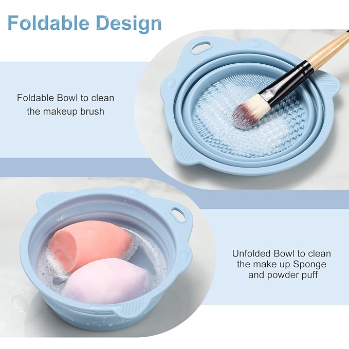Foldable Silicone Makeup Brush Cleaner Bowl | Portable Cleaning Tool For Brushes, Powder Puffs, Sponges (Blue)