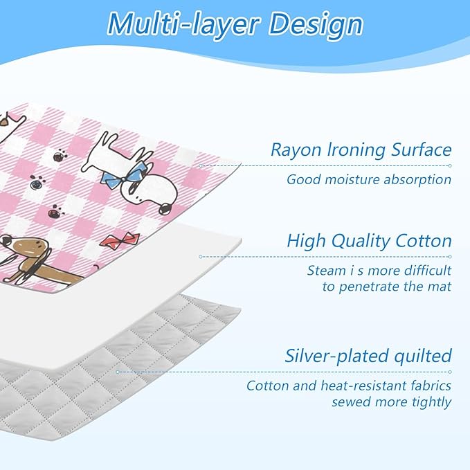 Cute Dog Pink Ironing Mat Portable Ironing Pad Blanket with Silicone Iron Rest for Table Top Travel Heat Resistant Double-Side Using Large 47x28 Inch Foldable