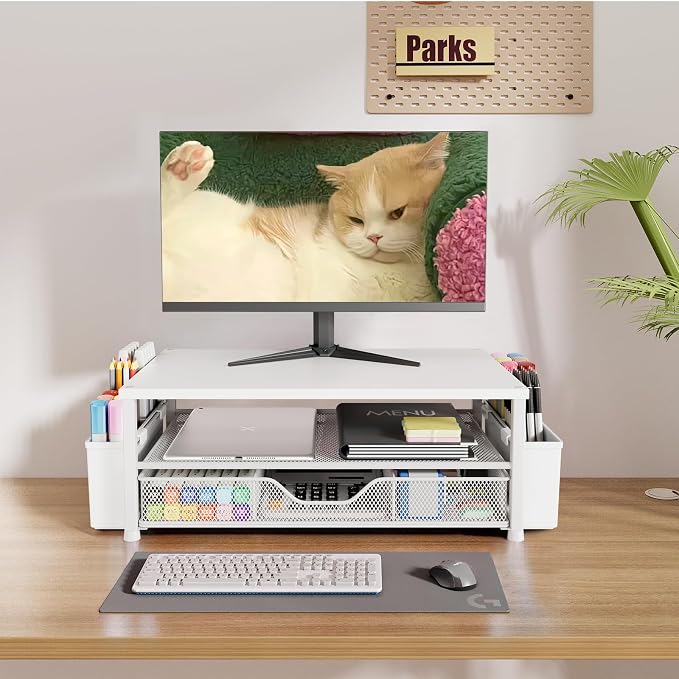 OPNICE Desk Organizers and Accessories, Computer Monitor Stand Riser with Drawer and 2 Pen Holders, Printer & Laptop Stand, Office Desk Accessories & Workspace Organizers for Home Office Supplies, White Wood
