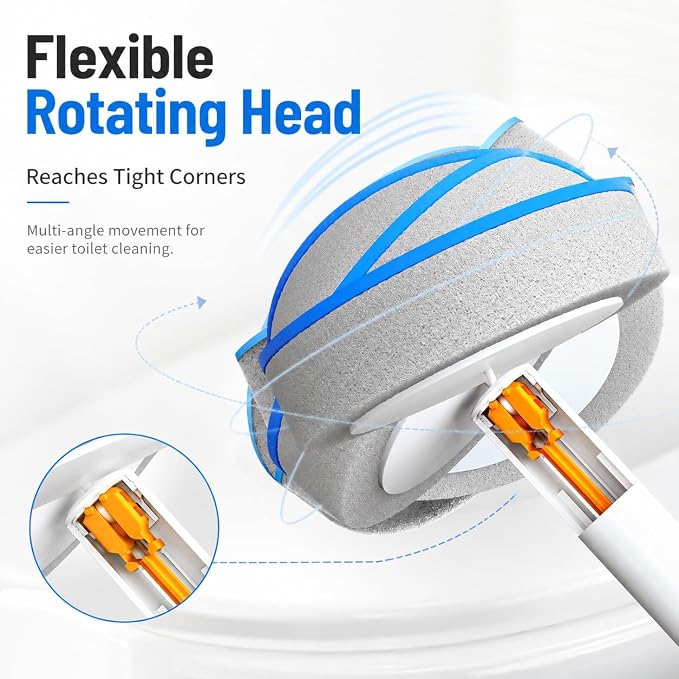 Disposable Toilet Brush with 48 Refills and Replaceable Scrubber Heads, Toilet Bowl Cleaner Wand and Wall-Mounted Holder, Space Saving Bathroom Cleaning System for Home, Apartment and RV