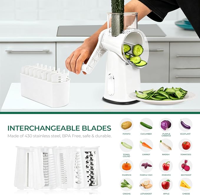 SUSTEAS Rotary Cheese Grater with Handle - Vegetable Shredder with 5 Well-designed Blades & Strong Suction Base,Round Mandoline Slicer & Food Chopper for Kitchen,with Blade Storage Box(White)