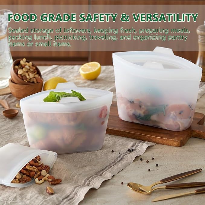 Food Grade Reusable Silicone Food Storage Bags, 3-Pack Leakproof Freezer Bags with 3 Sizes (51oz, 34oz, 17oz) | Microwave & Dishwasher Safe | Plastice & BPA Free | Airtight Seal for Food Preservation
