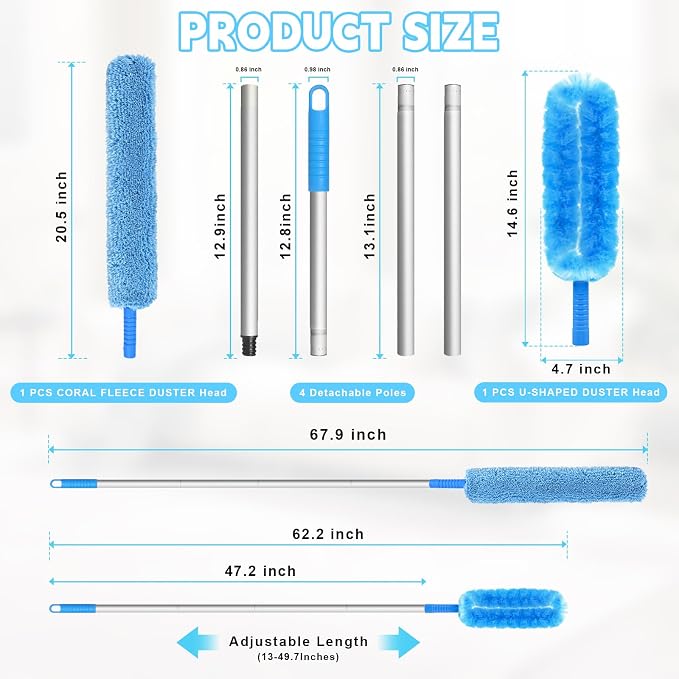 Eunice 13-50 Inches Ceiling Fan Duster with Extension Pole | Extendable Microfiber Cleaning Brush for High Ceiling, Blades, Cobwebs, Adjustable Dusting Tool for Window, Door(U shaped)