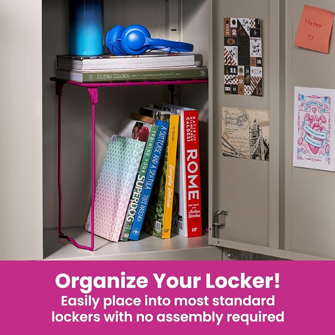 LockerMate Stac-A-Shelf Locker Organizer Shelf, Stackable, Extra Tall, Fits Standard Size School Lockers, Pink
