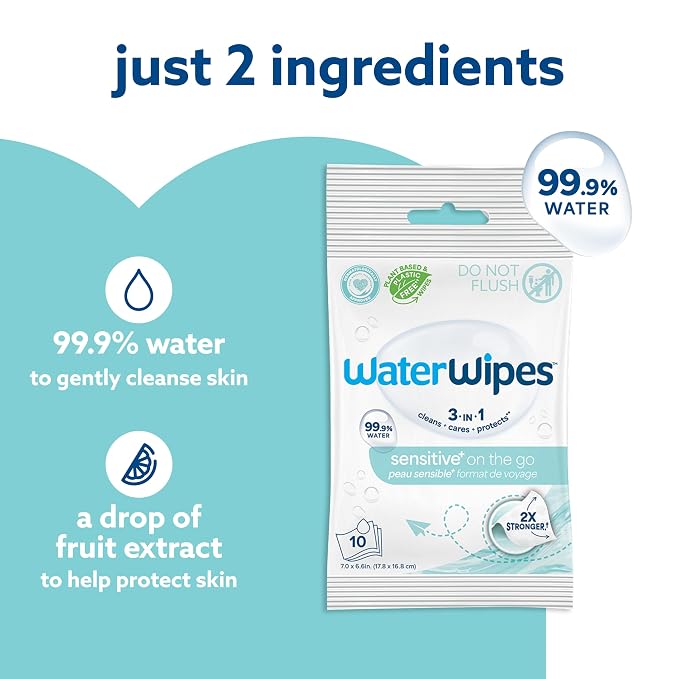 WaterWipes Sensitive+ On The Go Wipes, 3-In-1 Cleans, Cares, Protects, 99.9% Water, Unscented & Hypoallergenic Wet Wipes, 28 Count (Pack of 2)