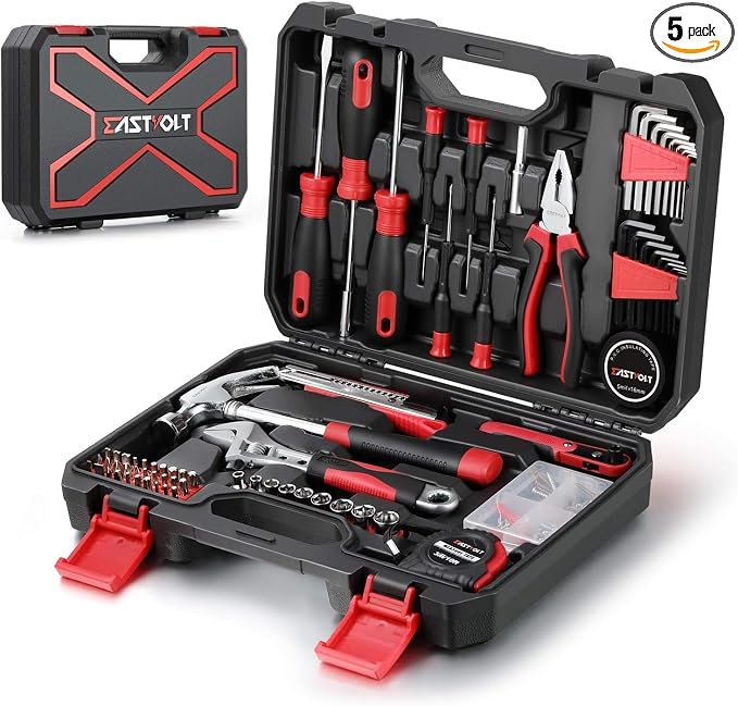 Eastvolt 128-Piece Home Repair Tool Set, Tool Sets for Homeowners, General Household Hand Tool Set with Storage Toolbox, EVHT12801, Black + Red (ASK01) (Pack of 5)