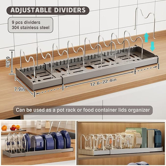 Magheo 2 Pack Expandable Food Storage Container Lid Organizers, 22" Pots and Pans Organizer Under Cabinet with 9 Adjustable Dividers Pot and Pan Lid Holders Rack Inside Cabinet(Gray)