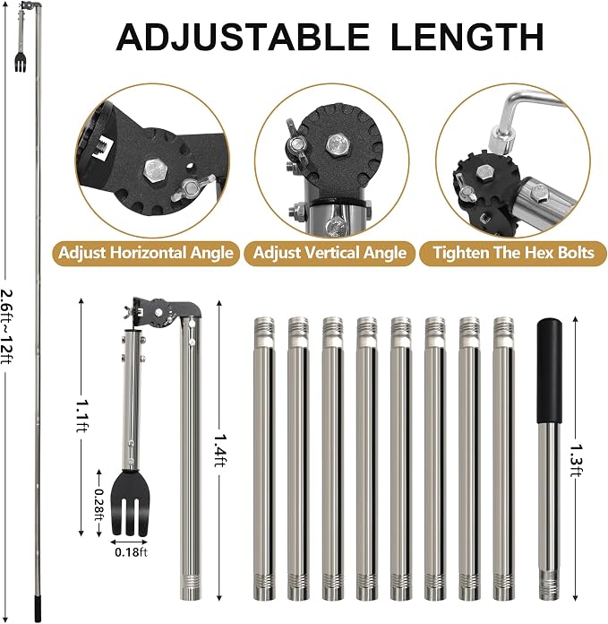 12FT Gutter Cleaning Tools from the Ground, Dual-Axis Spring Steel Gutter Cleaner Tool, Adjustable Length Cleaning Pole with Rake for Leaves, Muck and Roof Debris