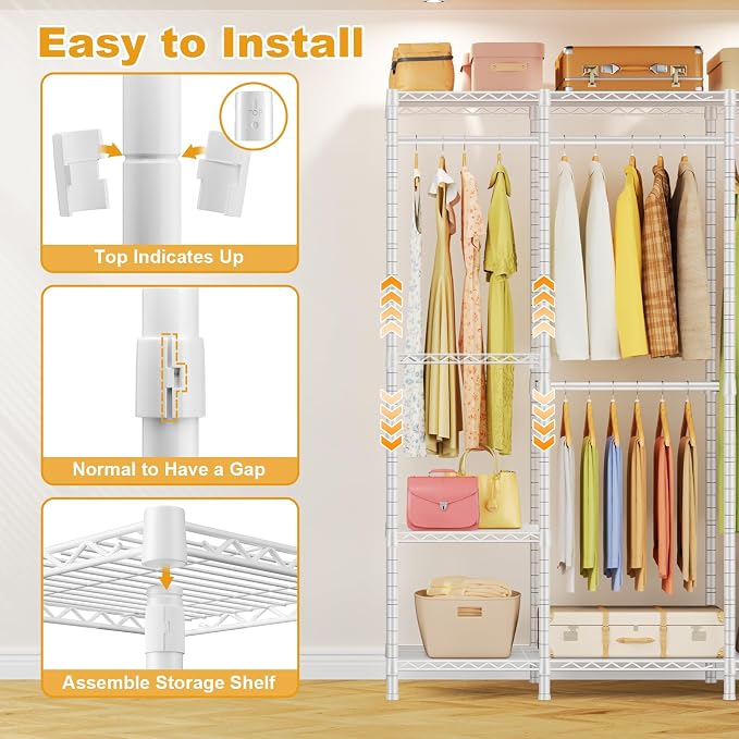 ULIFHOME Clothes Rack, Heavy Duty Garment Rack, Extra Large Portable Closet | H50 Clothing Racks for Hanging Clothes, Freestanding Wardrobe Closet 89.8'' W x 15.8" D x 76.2" H, Max Load 1400 Lbs, White