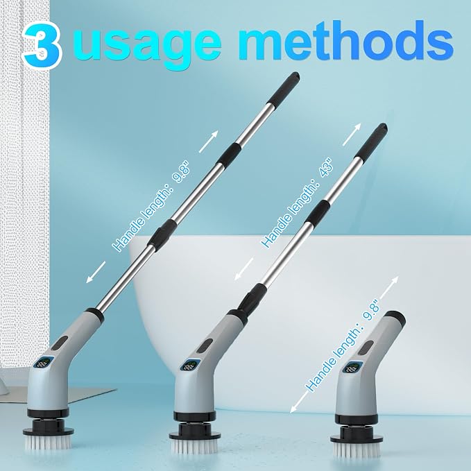 Electric Spin Scrubber for Cleaning - Bathroom Floor Shower Scrubber with Long Handle Cordless Handheld Power Spin Brush, IPX7 8in1 400RPM LED-Screen Fast Charging