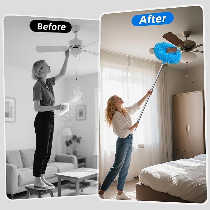 DRQ Ceiling Fan Cleaner Duster, 2 Pack Reusable Microfiber Duster with Extension Pole, 13 to 81 Inch Fan Blade Cleaner, Removable Dusters for Cleaning Walls Bookshelves Door Window Top (Blue)