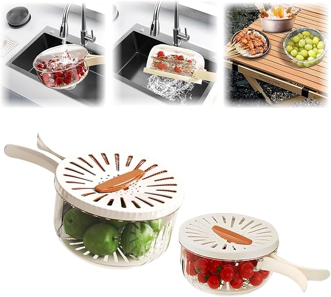 2 Pcs Fruit Vegetable Washing Bowl with Strainer, 2.85QT+1QT Multipurpose Drain Basket with Lid & Foldable Handle, Food Strainer Container for Kitchen, Fridge, Picnics, Apartment, BPA-Free Material