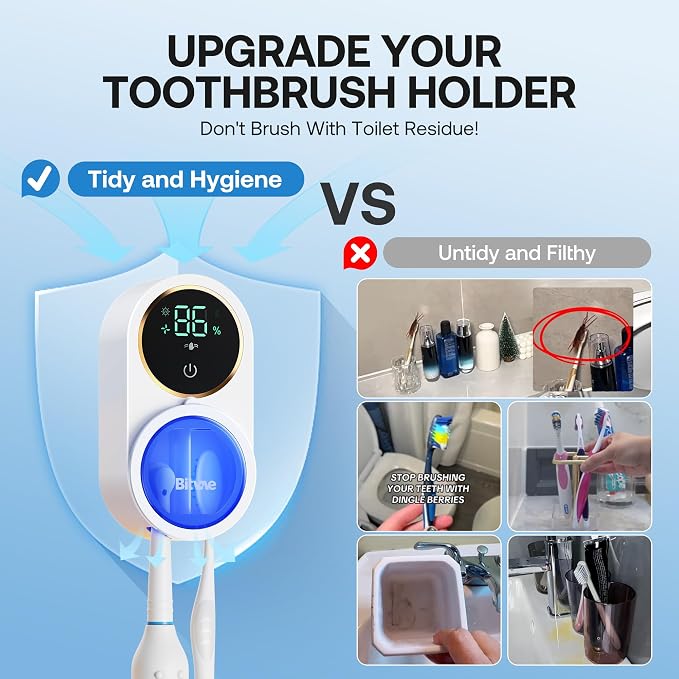 Bitvae Upgraded Tooth Brush Holder for Bathroom 2.0 Infrared Sensing | Toothbrush Cleaner, Wall-Mounted for Most Size Toothbrushes, Air Drying, LED Smart Screen, White Gold Trim