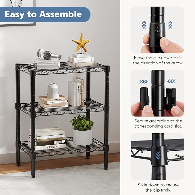 NEWBULIG 3-Tier Metal Wire Storage Shelves, Adjustable Heavy Duty Steel Shelving Unit, Freestanding Storage Rack Organizer for Kitchen, Pantry, Garage, Bathroom, 23.2" W x 13.4" D x 30.3" H, Black