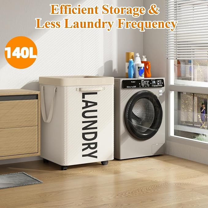 Optish 140L Laundry Hamper with Wheels, Rolling Laundry Basket with Removable Mesh Bag, Extra Large Clothes Hamper on Wheel for Bedroom, Bathroom, Dorm Room Essentials, White
