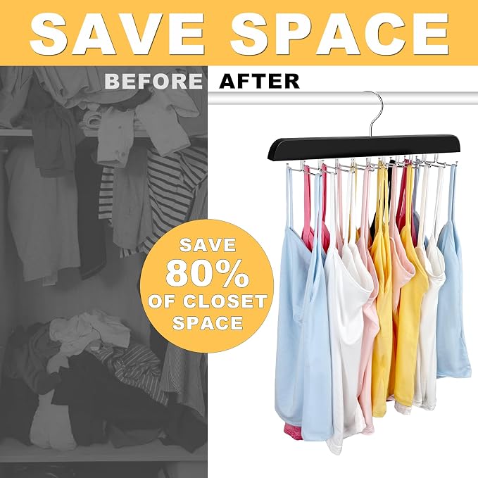 Resovo Tank Top Hanger with Premium Wood, 24 Large Capacity, Space Saving,360 Degree Rotating, Foldable Metal Hooks, Tank Tops