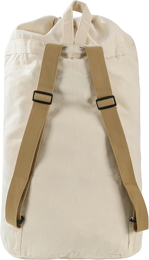 Canvas Laundry Bag, Laundry Backpack, Beige, X-Large | Washable Laundry Collector,Thick Woven Adjustable Shoulder Straps,Large Front Pocket,Drawstring Closure,for College,Camping