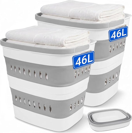 46L/12 Gal Collapsible Laundry Baskets, Foldable Hamper with Handles, Plastic Pop Up Storage Container for Laundry, Home, Dorm, Travel - Gray/White, Set of 2