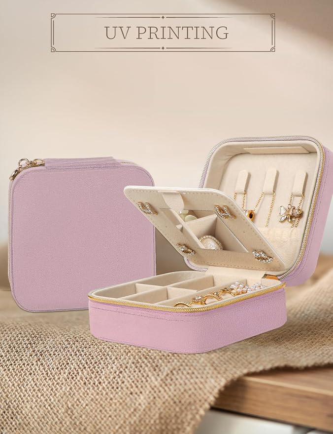 MFXIP Plush Velvet Travel Jewelry Case Small Jewelry Box Jewelry Organizer Storage Case Portable Jewelry Travel Case for Girls Womens Earring, Necklace, Rings,Bracelets with Mirror