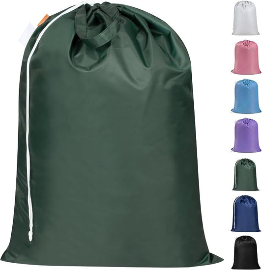 Extra Heavy-Duty Laundry Bag with Handles, Green, 28x36" | Extra Large, Machine Washable, Reinforced Handles, Drawstring Closure, Name ID Tag, For College Dorm Travel